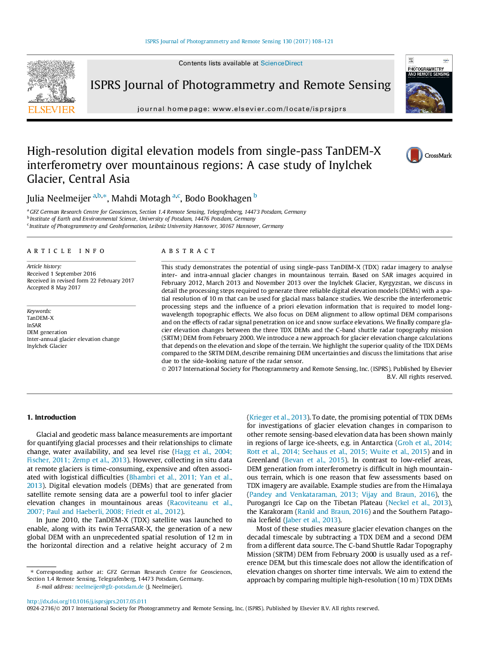 High-resolution digital elevation models from single-pass TanDEM-X interferometry over mountainous regions: A case study of Inylchek Glacier, Central Asia