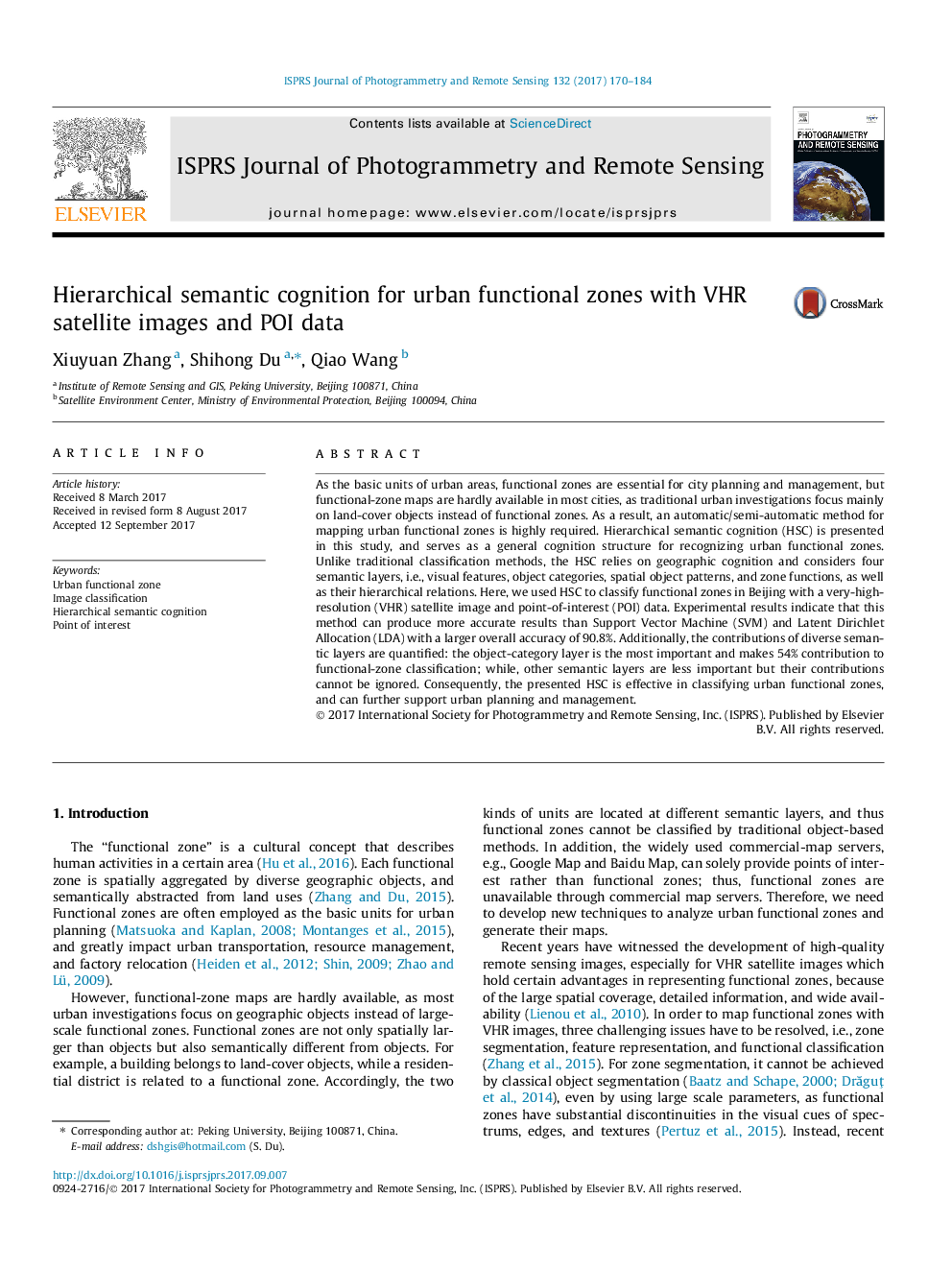 عکس صفحه اول مقاله: Hierarchical semantic cognition for urban functional zones with VHR satellite images and POI data Hierarchical semantic cognition for urban functional zones with VHR satellite images and POI data