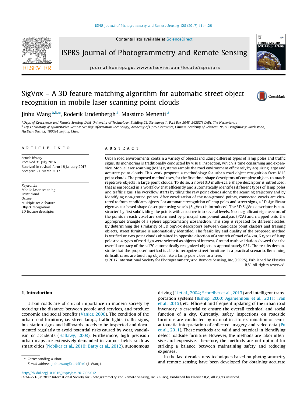 SigVox - A 3D feature matching algorithm for automatic street object recognition in mobile laser scanning point clouds