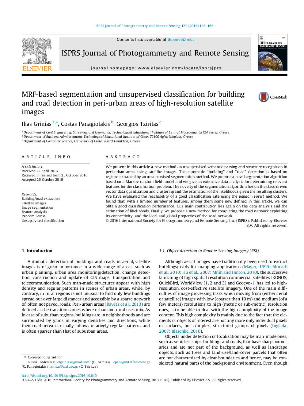 MRF-based segmentation and unsupervised classification for building and road detection in peri-urban areas of high-resolution satellite images