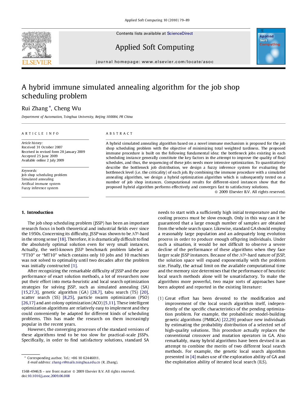 A hybrid immune simulated annealing algorithm for the job shop scheduling problem