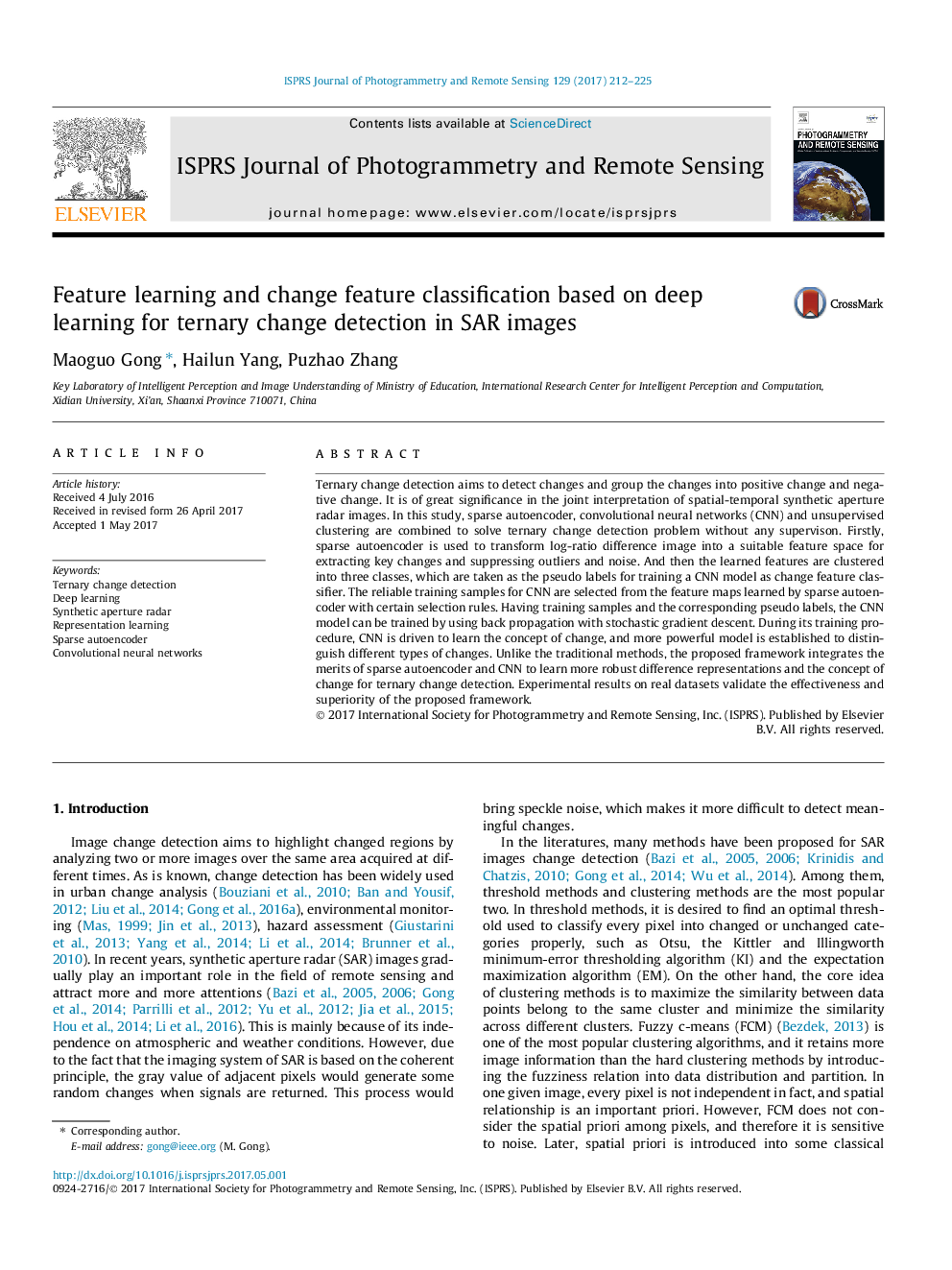 Feature learning and change feature classification based on deep learning for ternary change detection in SAR images