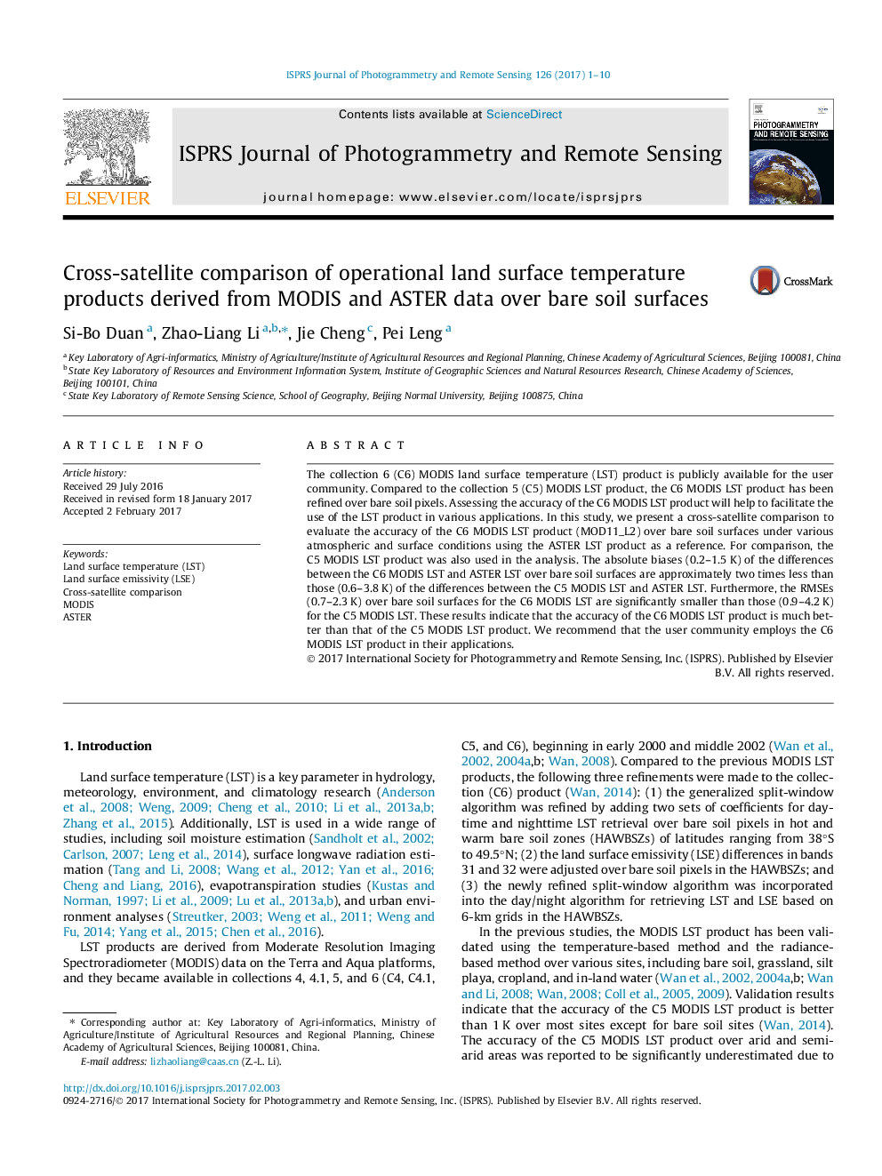 Cross-satellite comparison of operational land surface temperature products derived from MODIS and ASTER data over bare soil surfaces