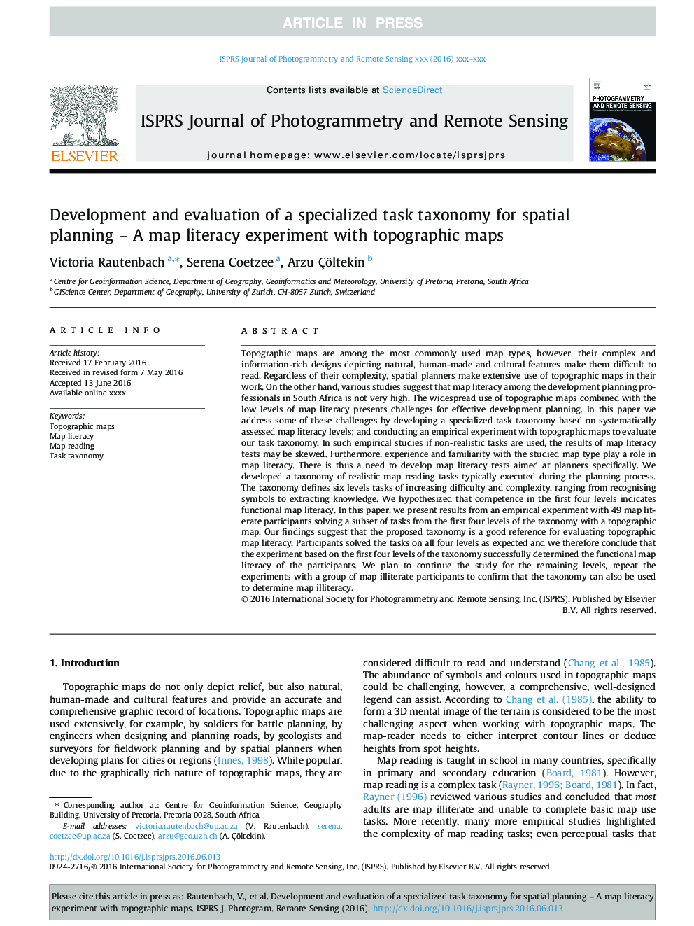 Development and evaluation of a specialized task taxonomy for spatial planning - A map literacy experiment with topographic maps