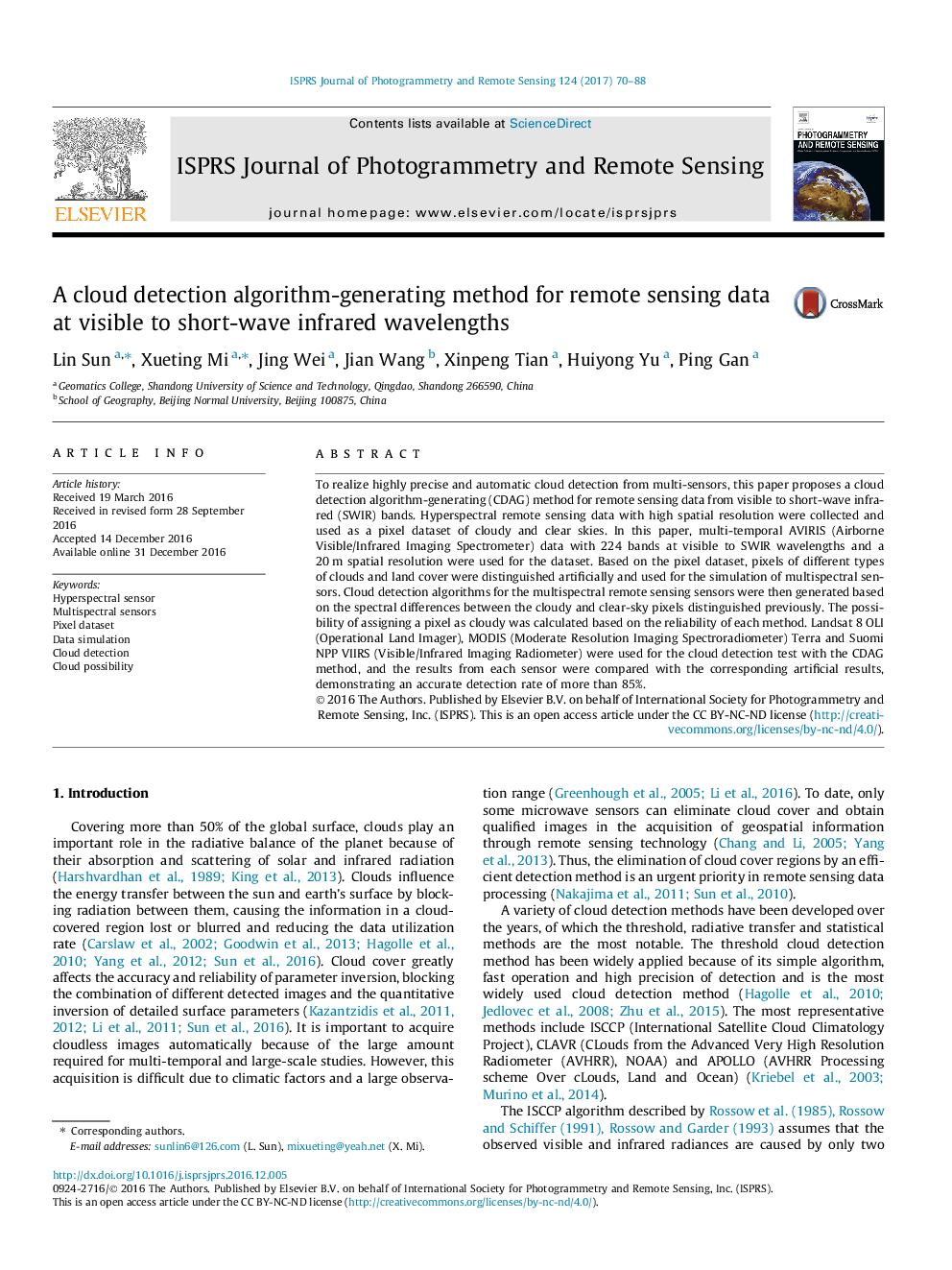 A cloud detection algorithm-generating method for remote sensing data at visible to short-wave infrared wavelengths