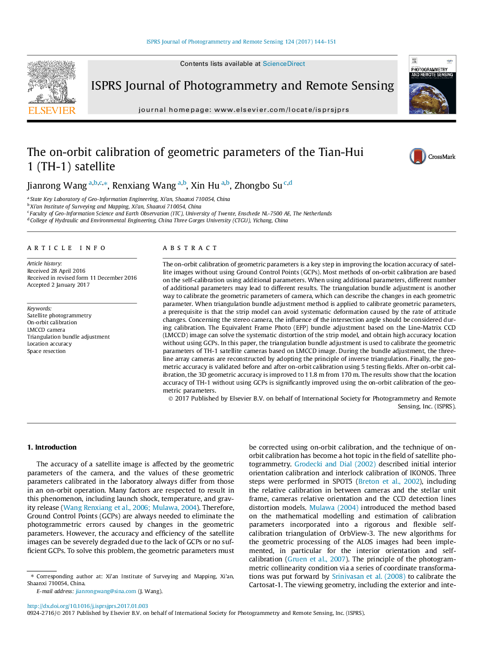 The on-orbit calibration of geometric parameters of the Tian-Hui 1 (TH-1) satellite