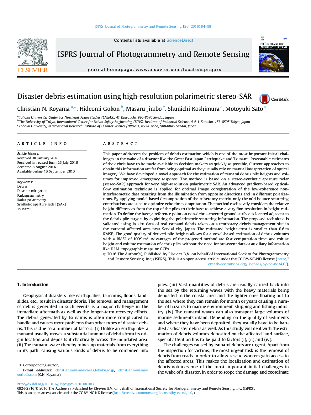 Disaster debris estimation using high-resolution polarimetric stereo-SAR