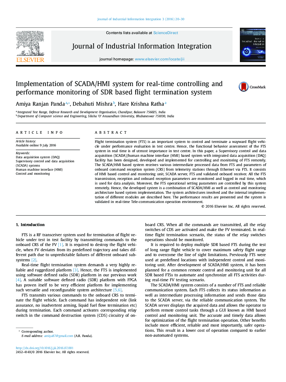 Implementation of SCADA/HMI system for real-time controlling and performance monitoring of SDR based flight termination system