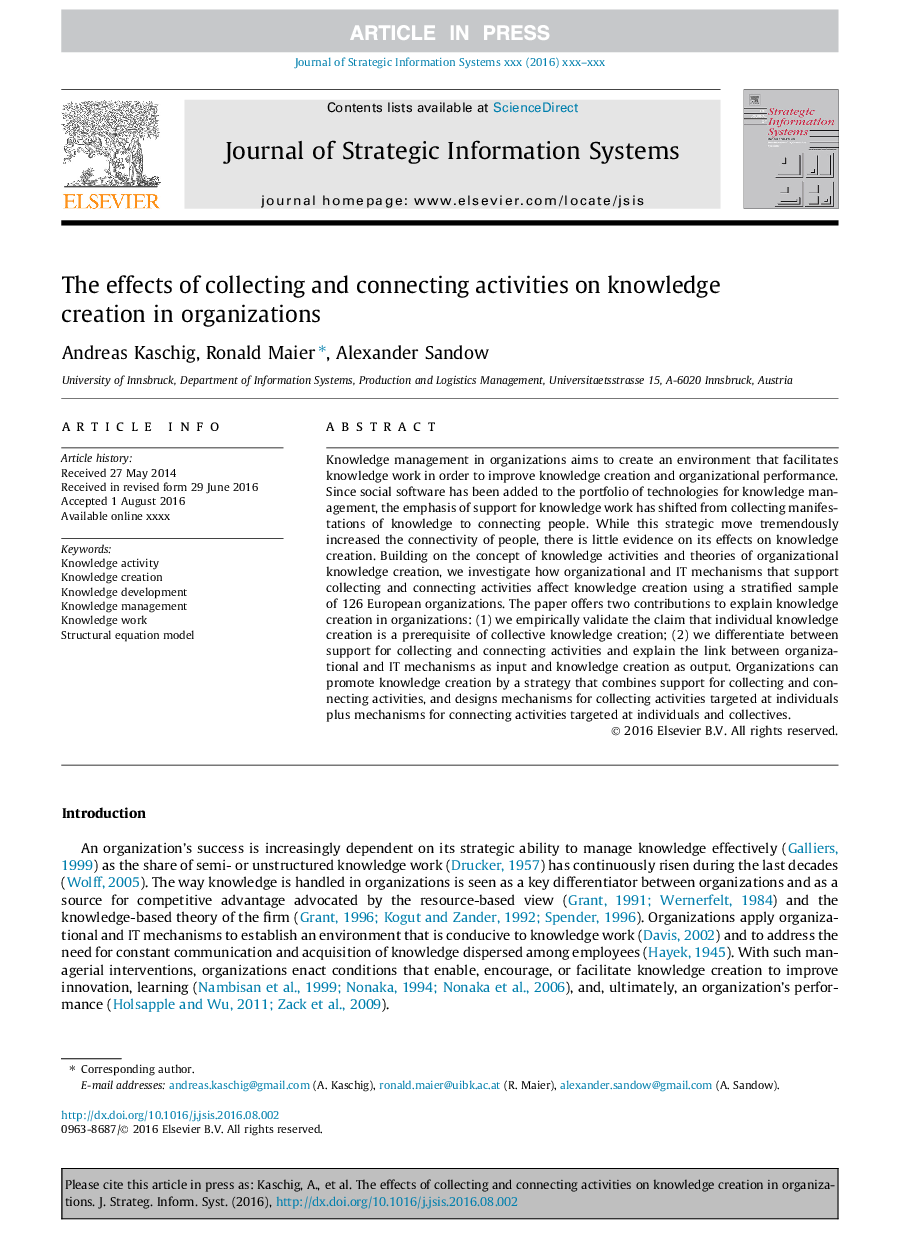 The effects of collecting and connecting activities on knowledge creation in organizations