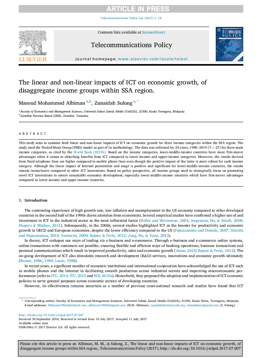 The linear and non-linear impacts of ICT on economic growth, of disaggregate income groups within SSA region