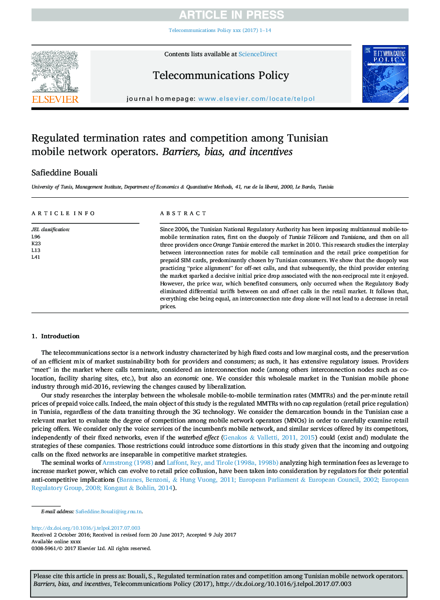 Regulated termination rates and competition among Tunisian mobile network operators. Barriers, bias, and incentives