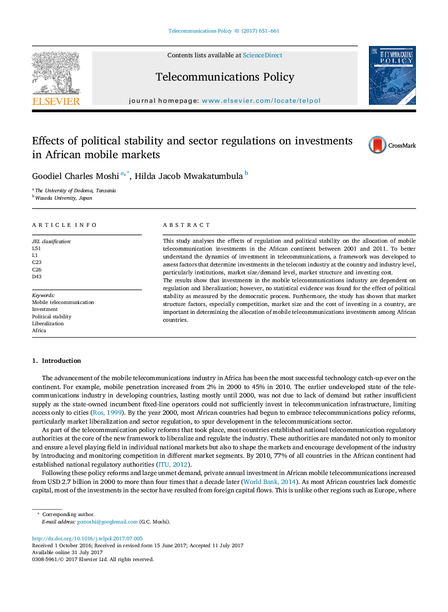 Effects of political stability and sector regulations on investments in African mobile markets