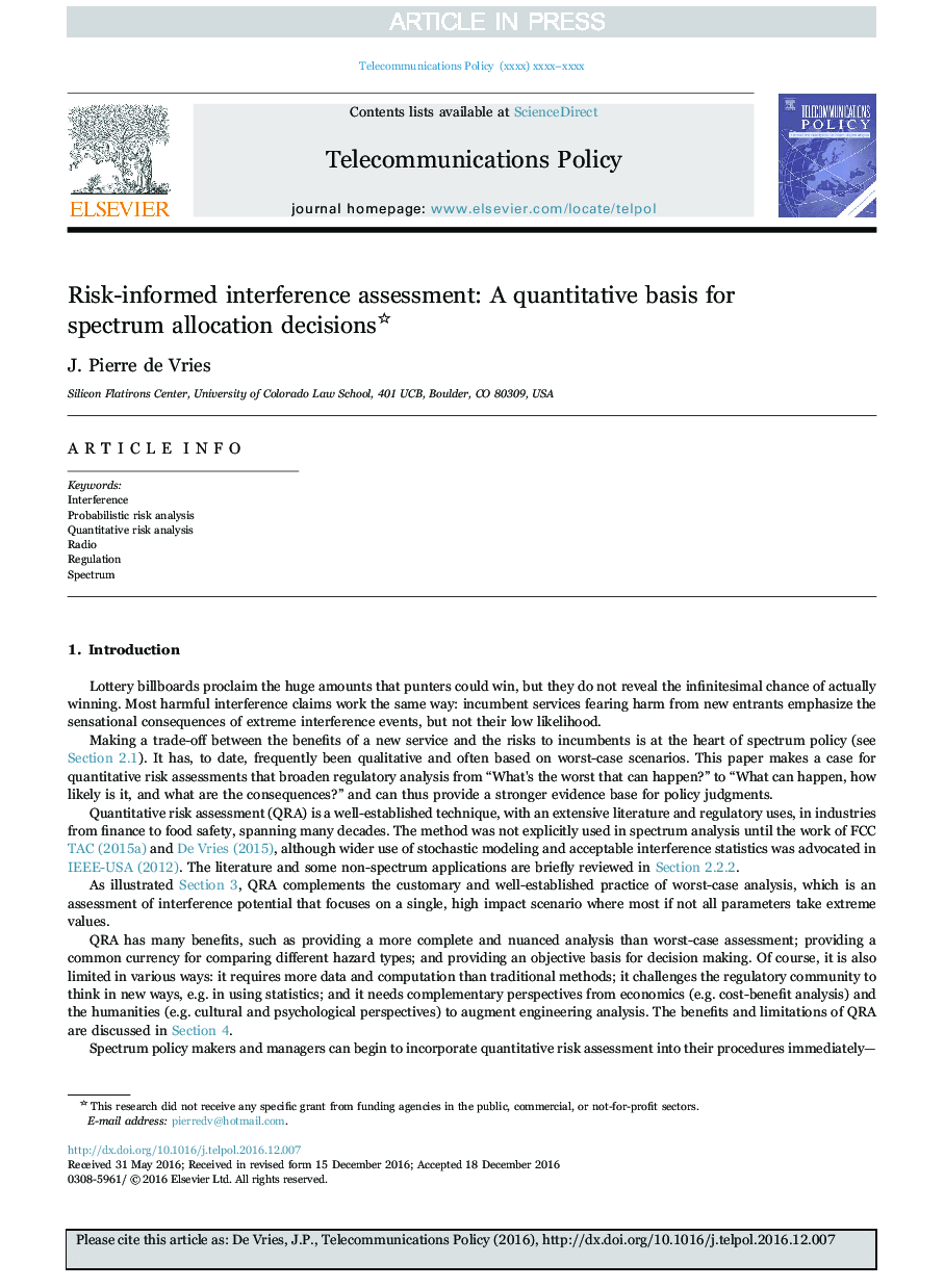 Risk-informed interference assessment: A quantitative basis for spectrum allocation decisions