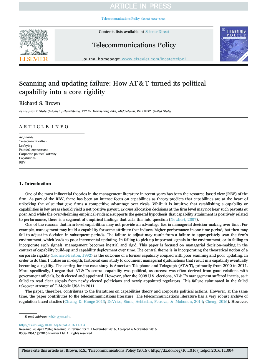 عکس صفحه اول مقاله: Scanning and updating failure: How AT&T turned its political capability into a core rigidity Scanning and updating failure: How AT&T turned its political capability into a core rigidity