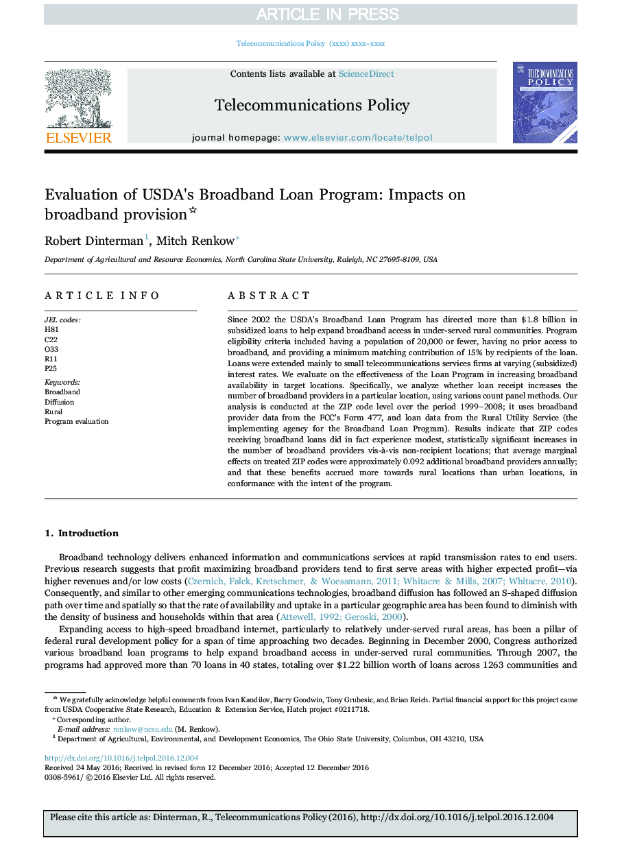 Evaluation of USDA's Broadband Loan Program: Impacts on broadband provision