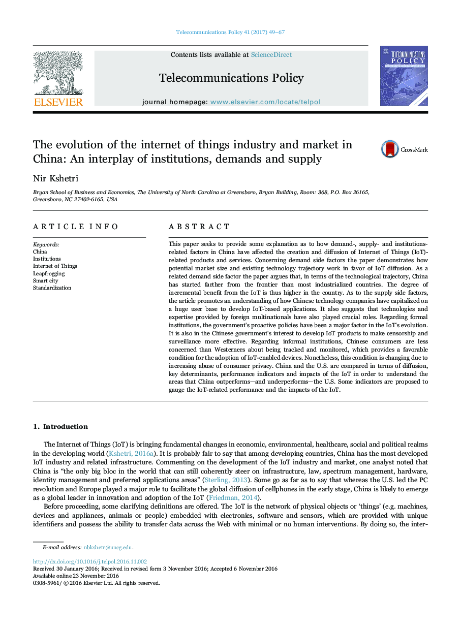 The evolution of the internet of things industry and market in China: An interplay of institutions, demands and supply