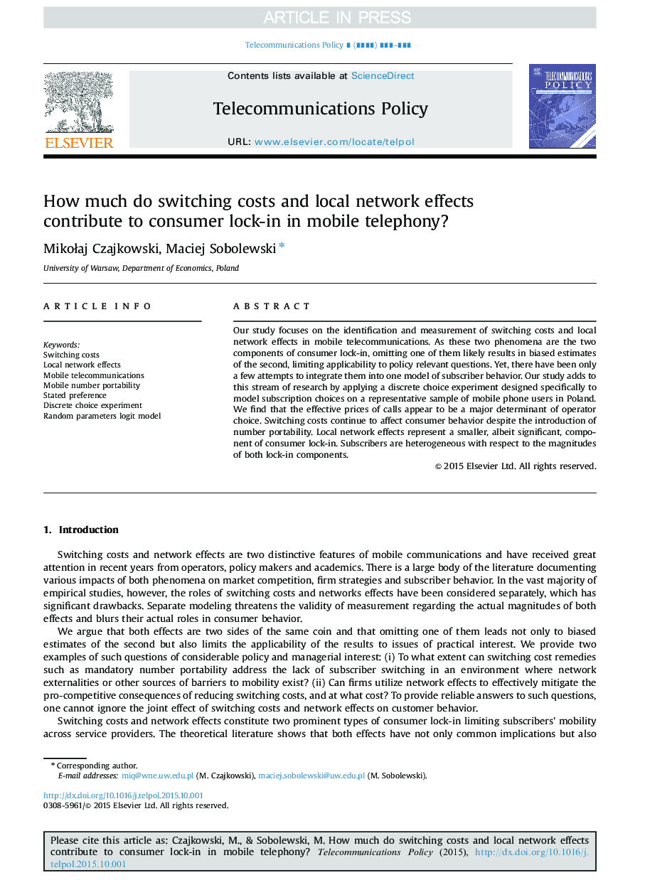 How much do switching costs and local network effects contribute to consumer lock-in in mobile telephony?