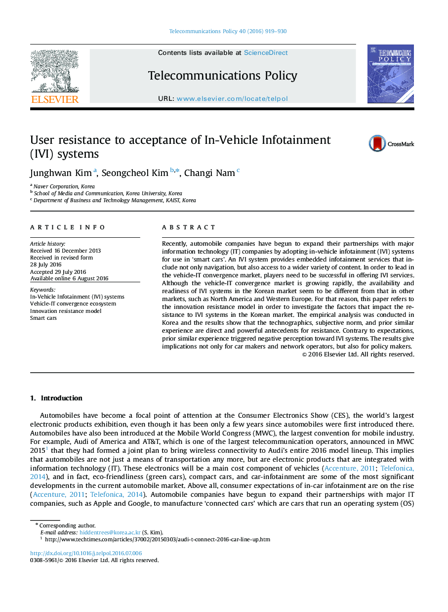 عکس صفحه اول مقاله: User resistance to acceptance of In-Vehicle Infotainment (IVI) systems User resistance to acceptance of In-Vehicle Infotainment (IVI) systems
