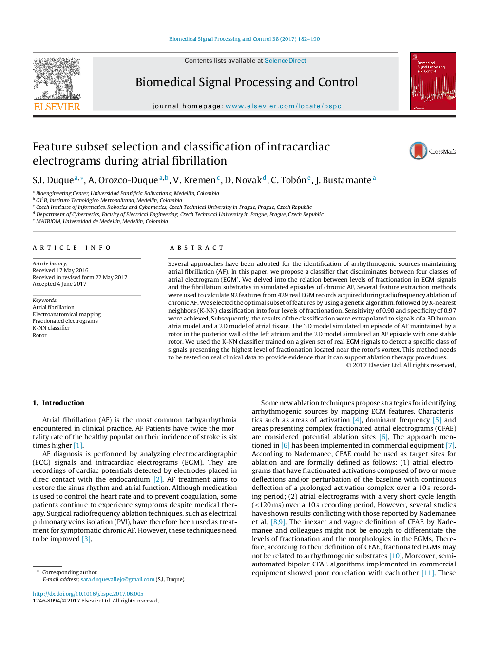 Feature subset selection and classification of intracardiac electrograms during atrial fibrillation