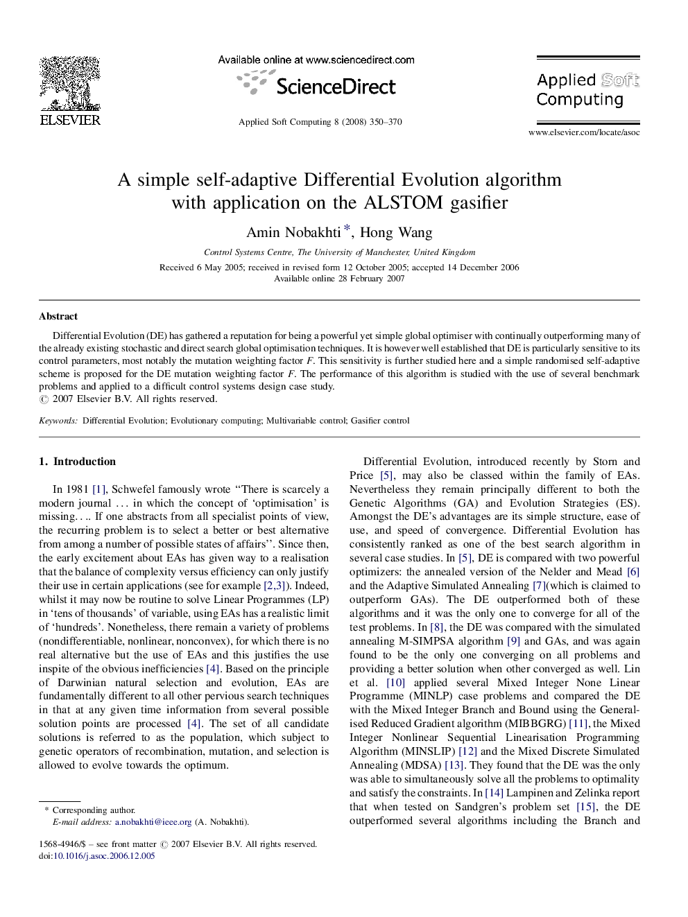 A simple self-adaptive Differential Evolution algorithm with application on the ALSTOM gasifier