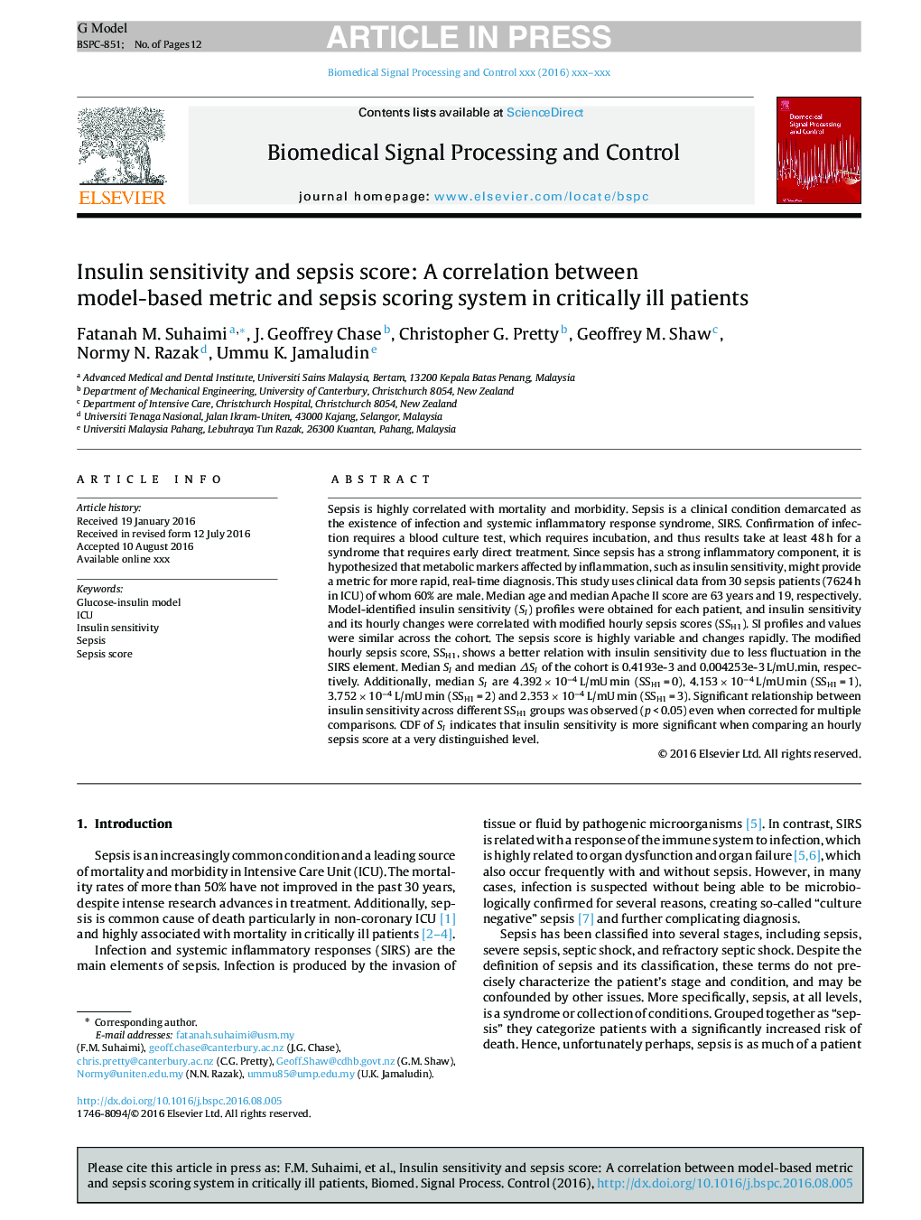 Insulin sensitivity and sepsis score: A correlation between model-based metric and sepsis scoring system in critically ill patients