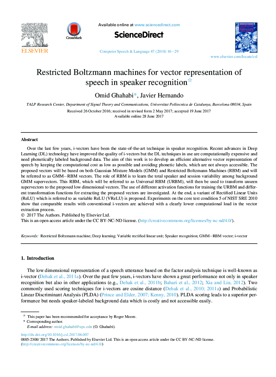 Restricted Boltzmann machines for vector representation of speech in speaker recognition