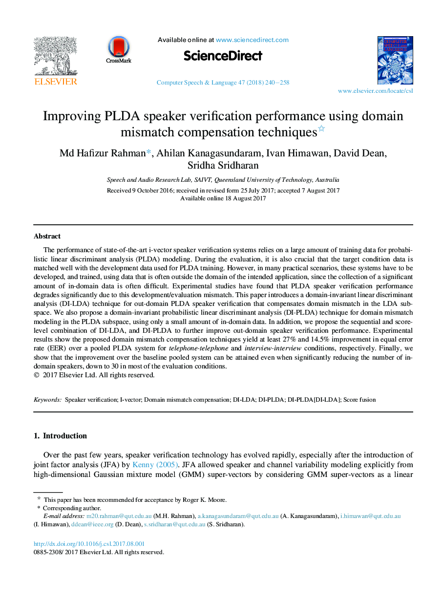 Improving PLDA speaker verification performance using domain mismatch compensation techniques