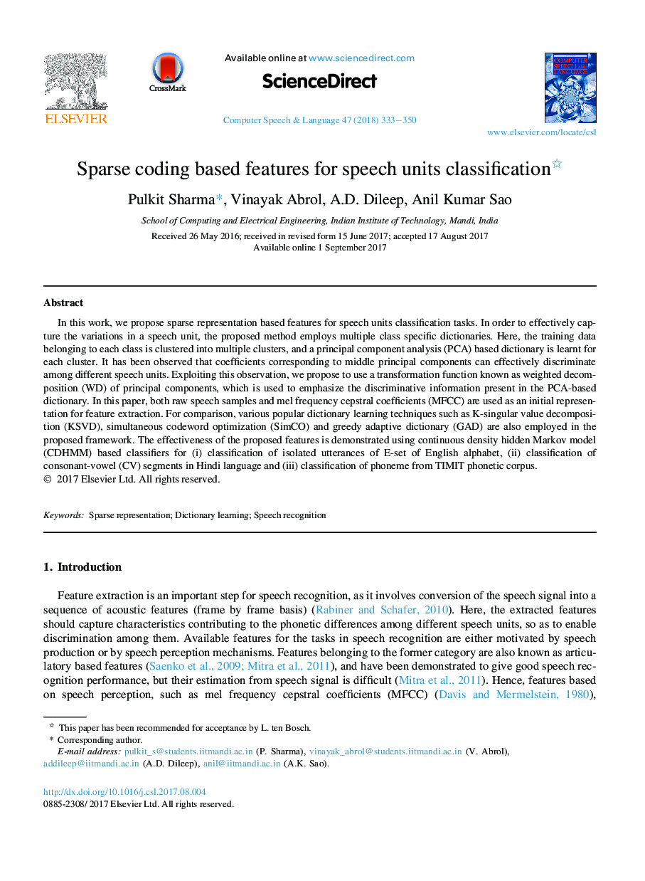 Sparse coding based features for speech units classification