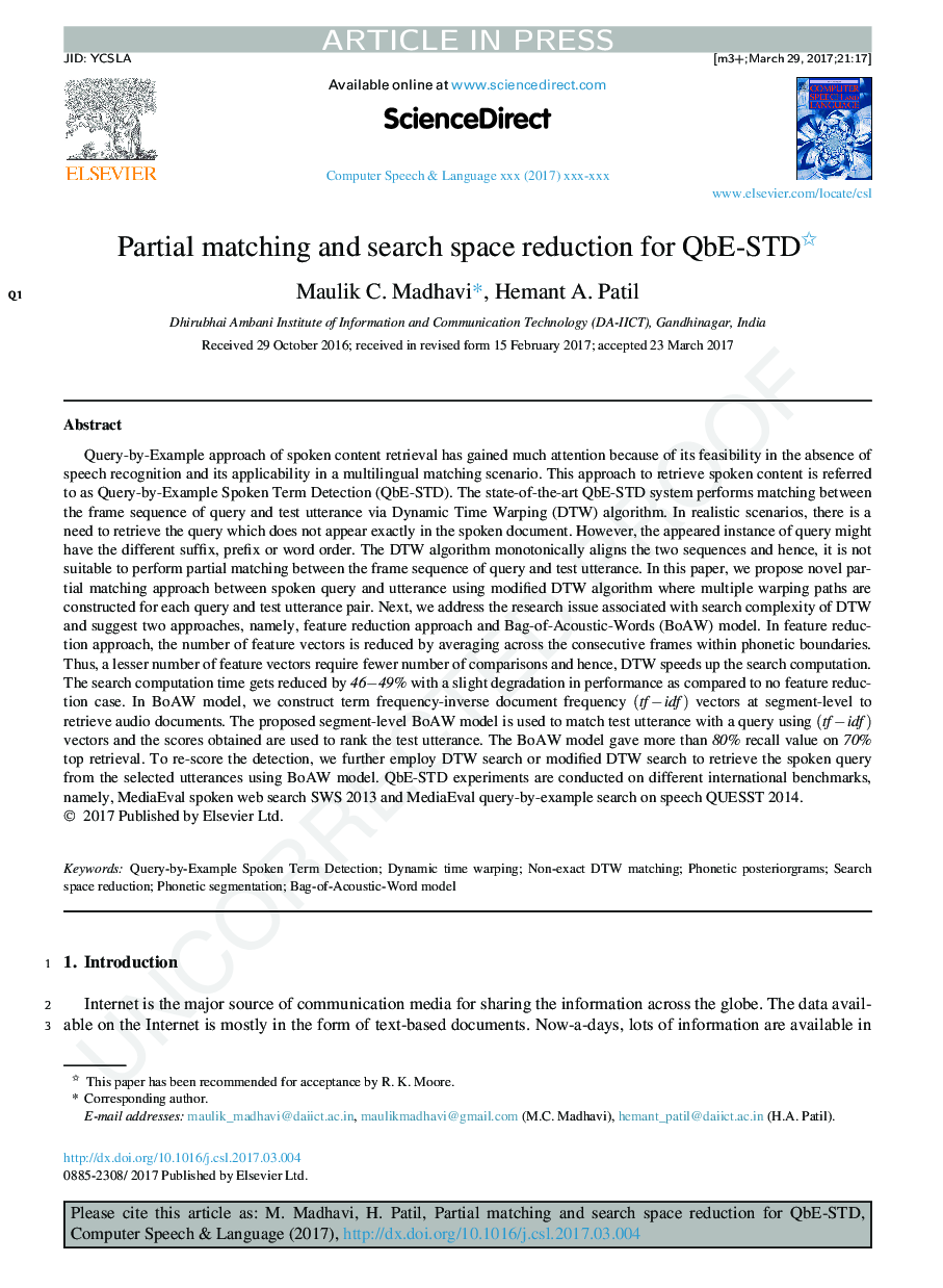 Partial matching and search space reduction for QbE-STD