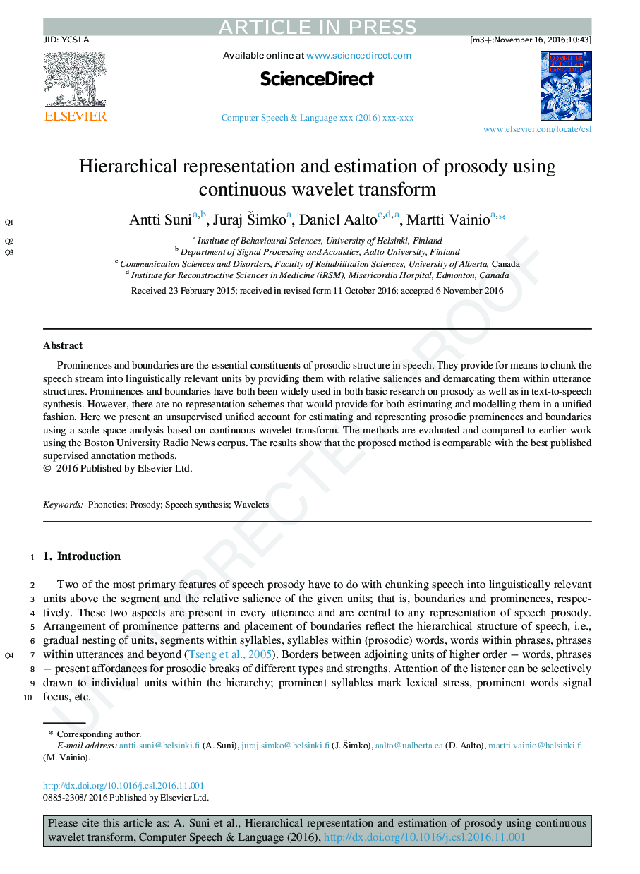 Hierarchical representation and estimation of prosody using continuous wavelet transform