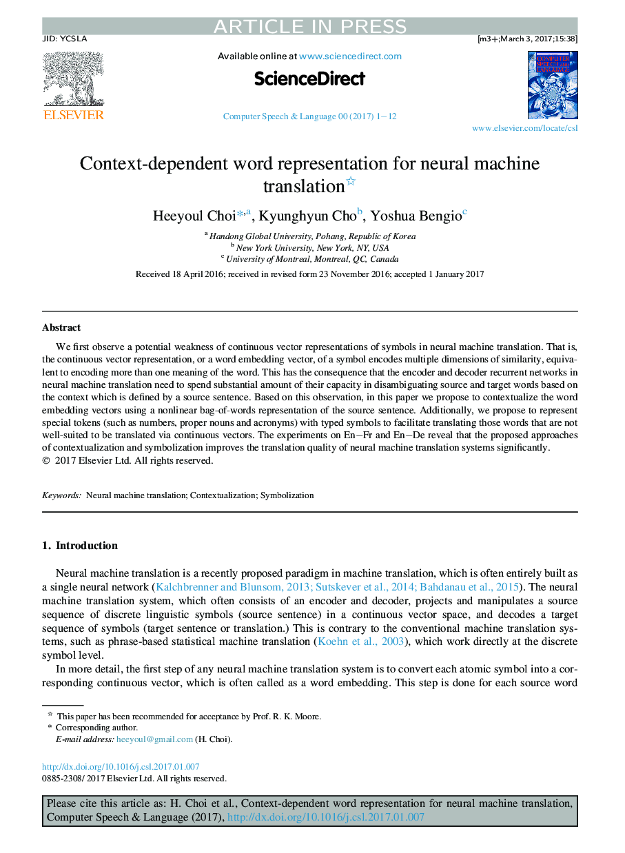 Context-dependent word representation for neural machine translation