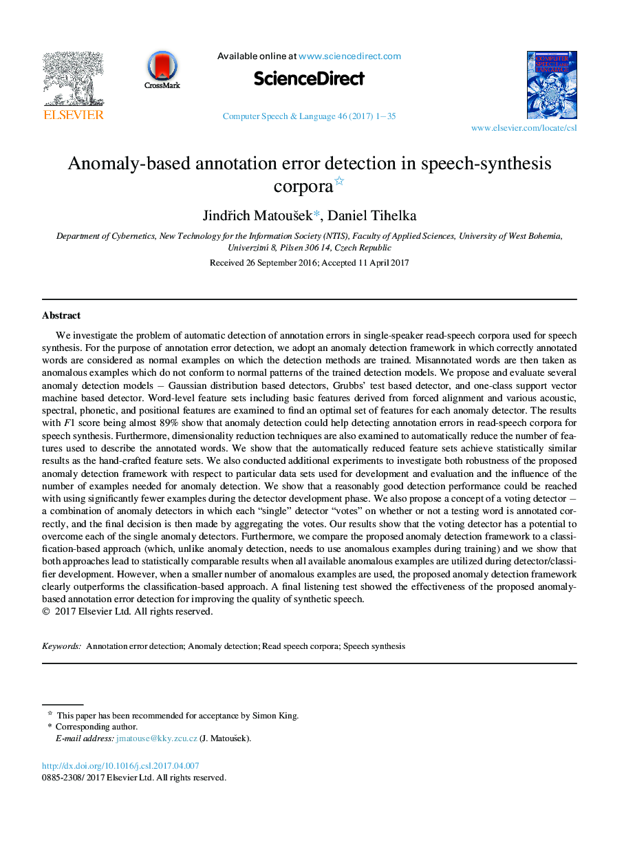 Anomaly-based annotation error detection in speech-synthesis corpora