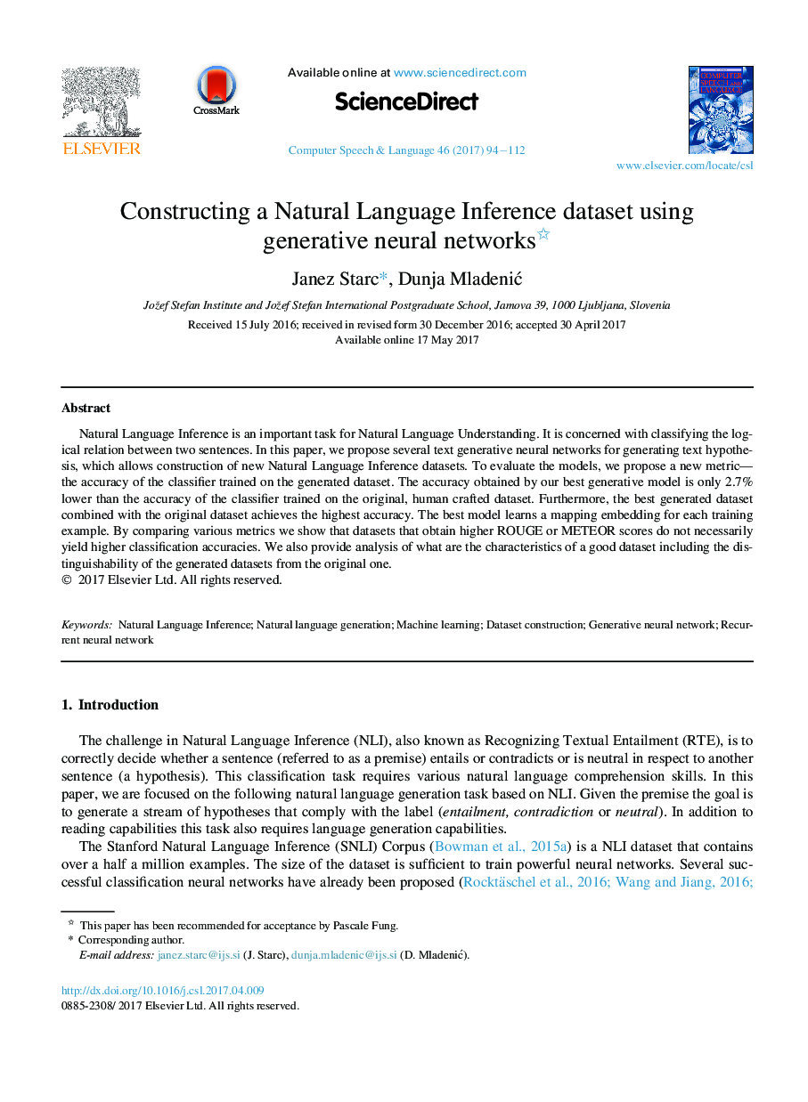 Constructing a Natural Language Inference dataset using generative neural networks