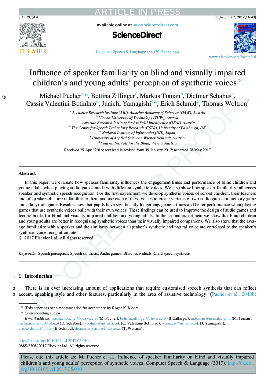 Influence of speaker familiarity on blind and visually impaired children's and young adults' perception of synthetic voices