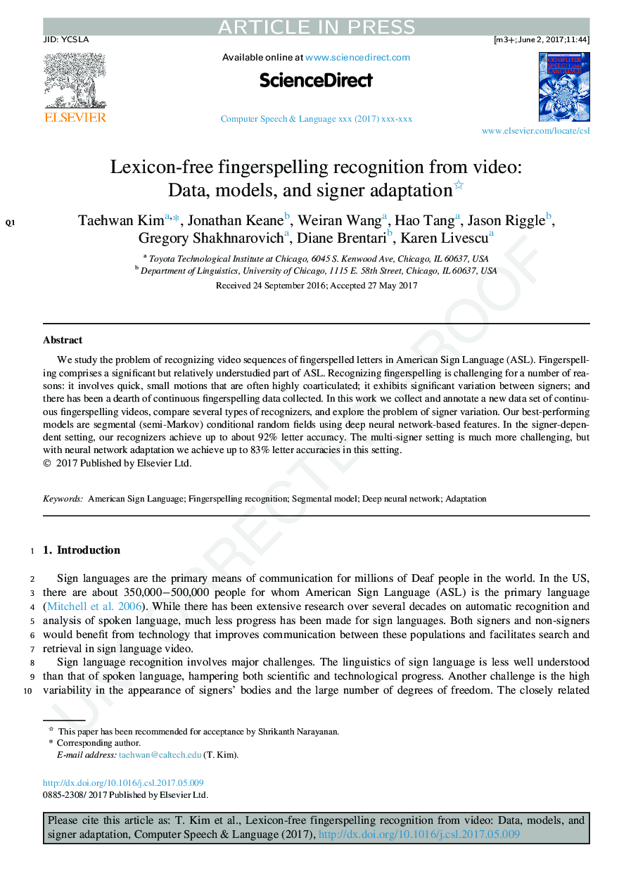 Lexicon-free fingerspelling recognition from video: Data, models, and signer adaptation