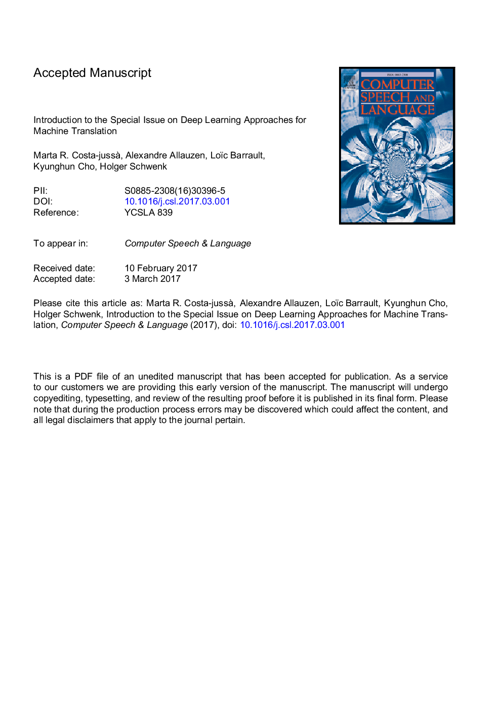 Introduction to the special issue on deep learning approaches for machine translation