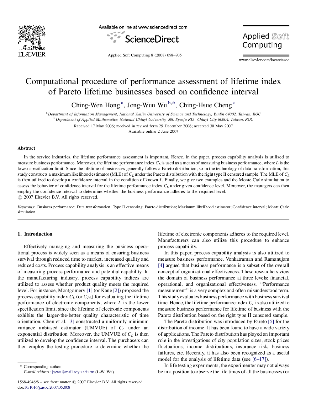 Computational procedure of performance assessment of lifetime index of Pareto lifetime businesses based on confidence interval