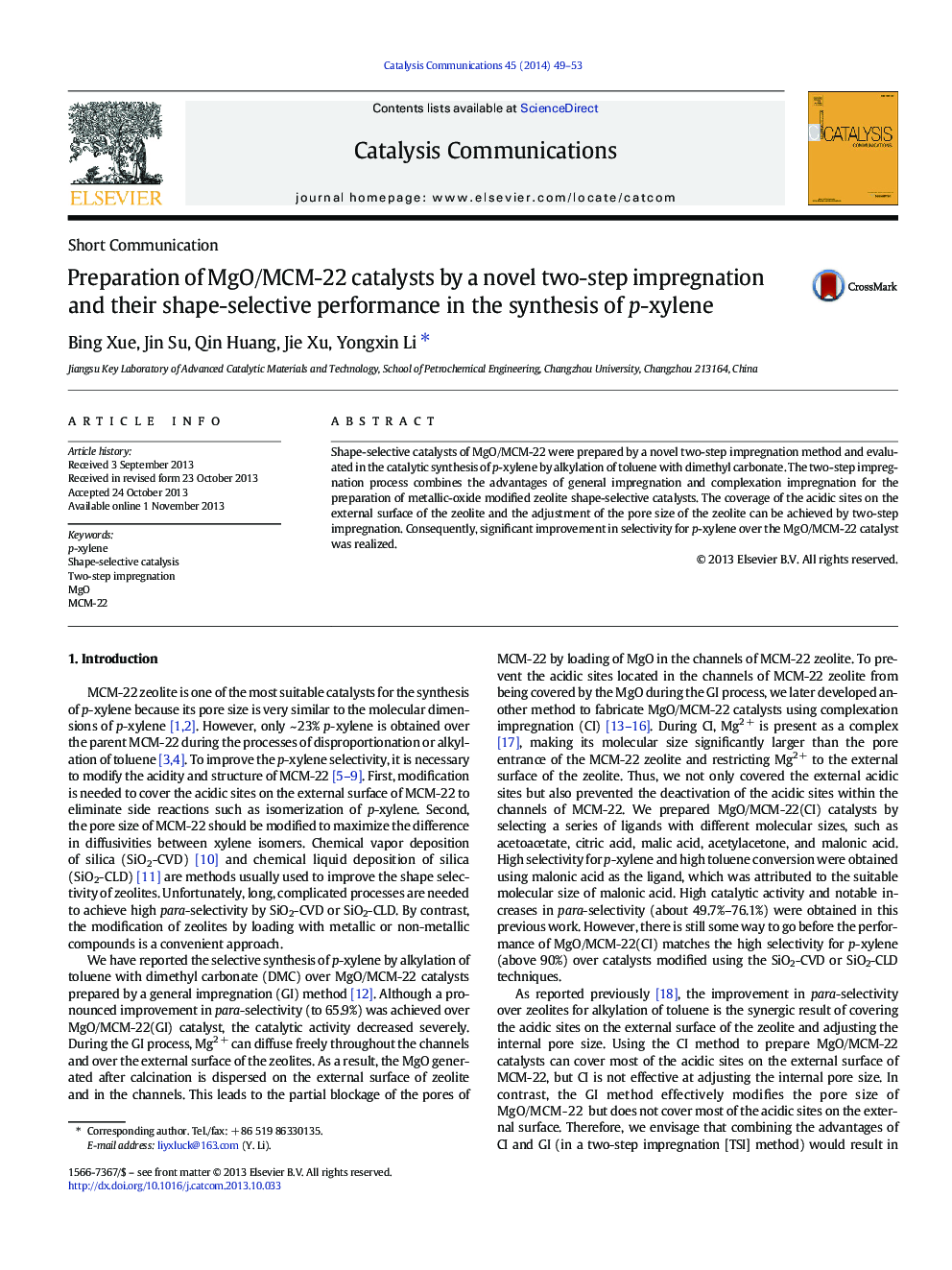 Preparation of MgO/MCM-22 catalysts by a novel two-step impregnation and their shape-selective performance in the synthesis of p-xylene