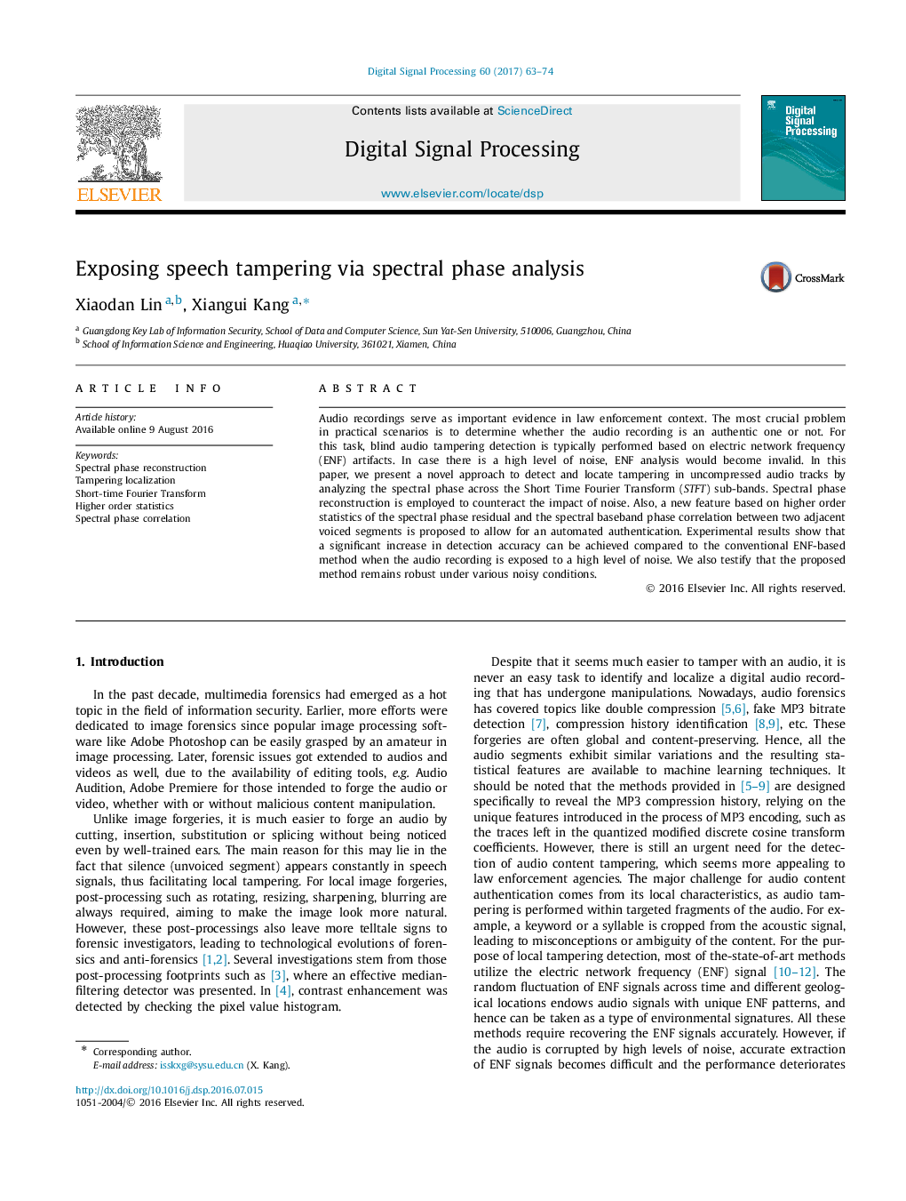 Exposing speech tampering via spectral phase analysis