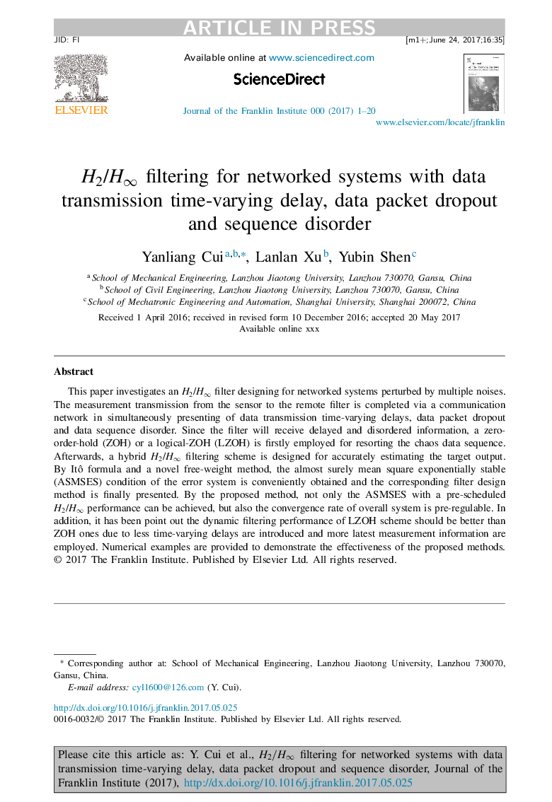 
H2/Hâ filtering for networked systems with data transmission time-varying delay, data packet dropout and sequence disorder