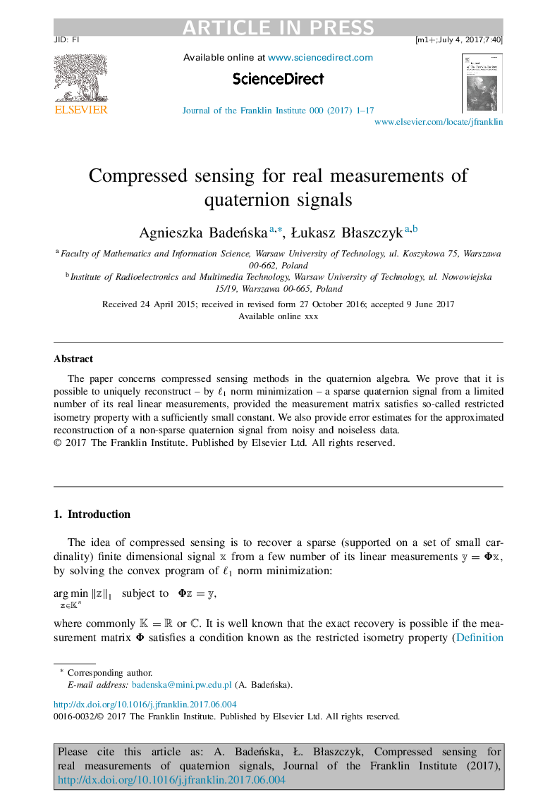 Compressed sensing for real measurements of quaternion signals