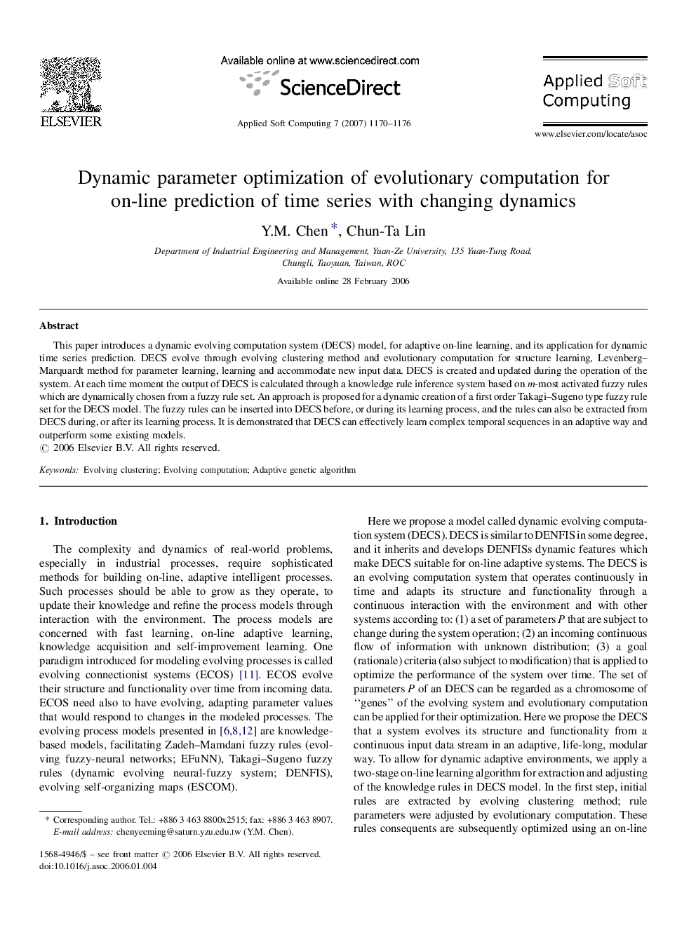 Dynamic parameter optimization of evolutionary computation for on-line prediction of time series with changing dynamics