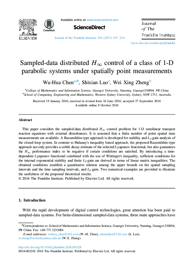 Sampled-data distributed Hâ control of a class of 1-D parabolic systems under spatially point measurements