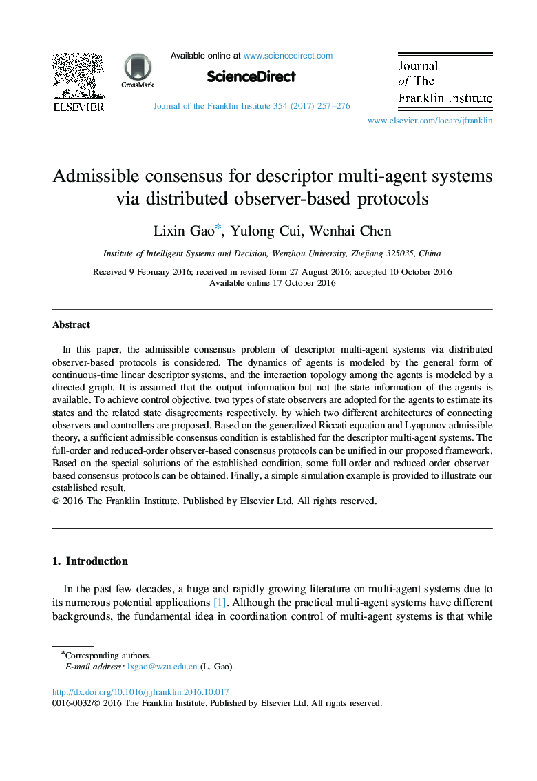 Admissible consensus for descriptor multi-agent systems via distributed observer-based protocols