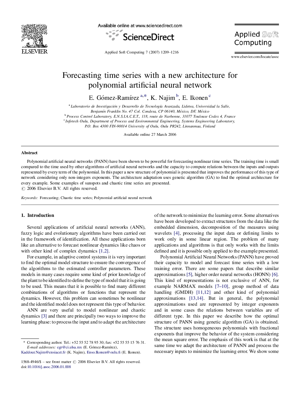 Forecasting time series with a new architecture for polynomial artificial neural network