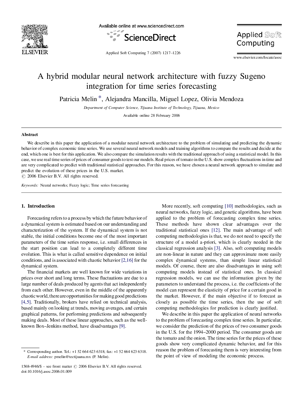 A hybrid modular neural network architecture with fuzzy Sugeno integration for time series forecasting