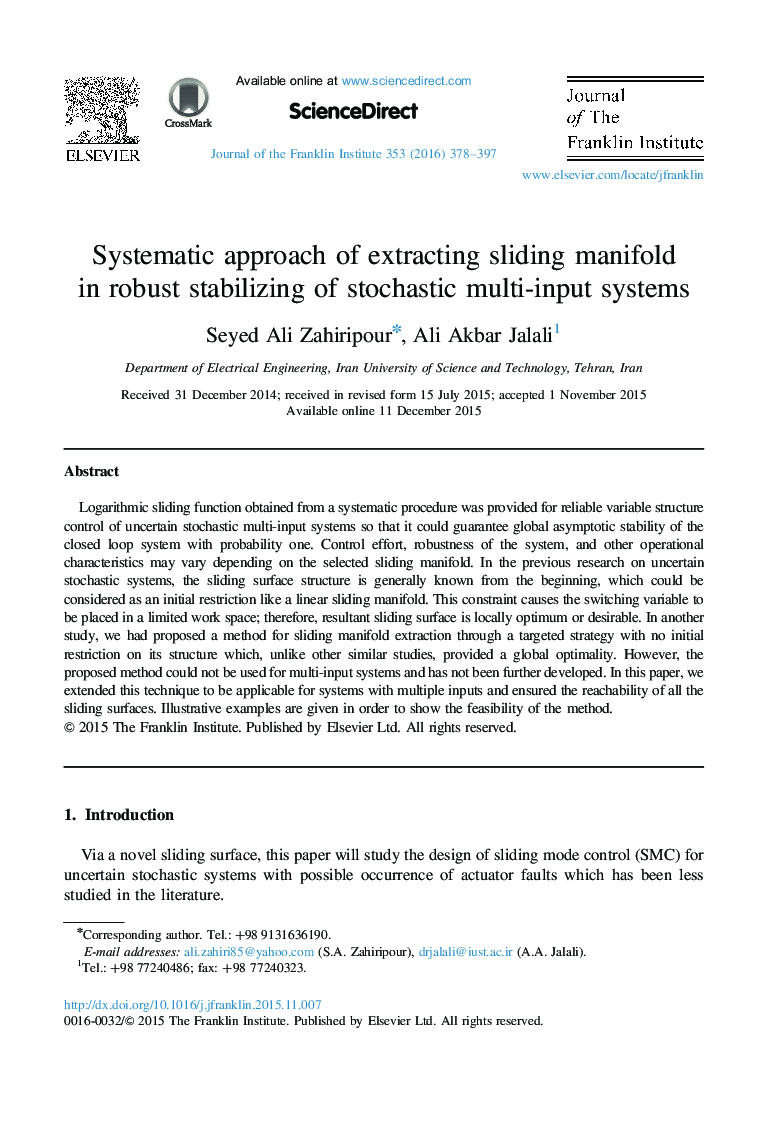 Systematic approach of extracting sliding manifold in robust stabilizing of stochastic multi-input systems