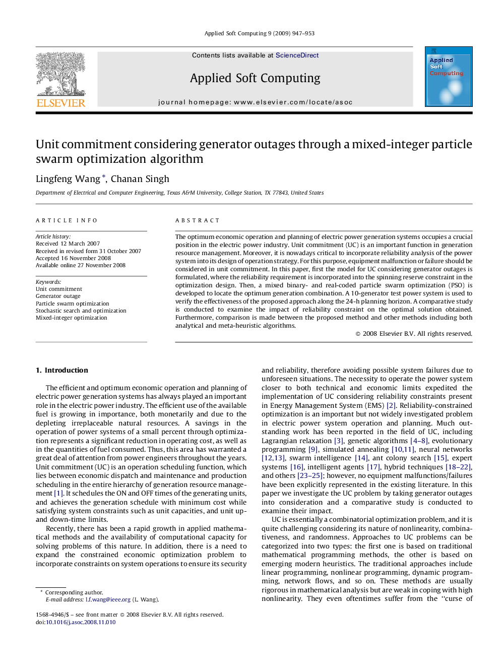 Unit commitment considering generator outages through a mixed-integer particle swarm optimization algorithm