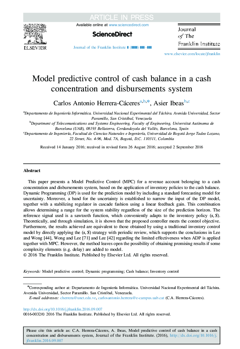 Model predictive control of cash balance in a cash concentration and disbursements system