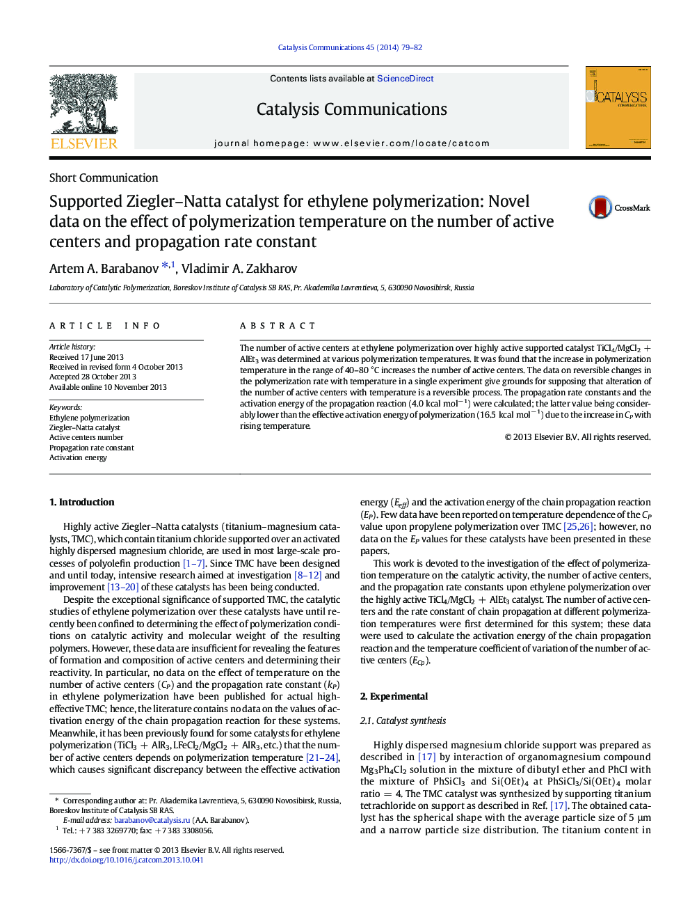 Supported Ziegler–Natta catalyst for ethylene polymerization: Novel data on the effect of polymerization temperature on the number of active centers and propagation rate constant